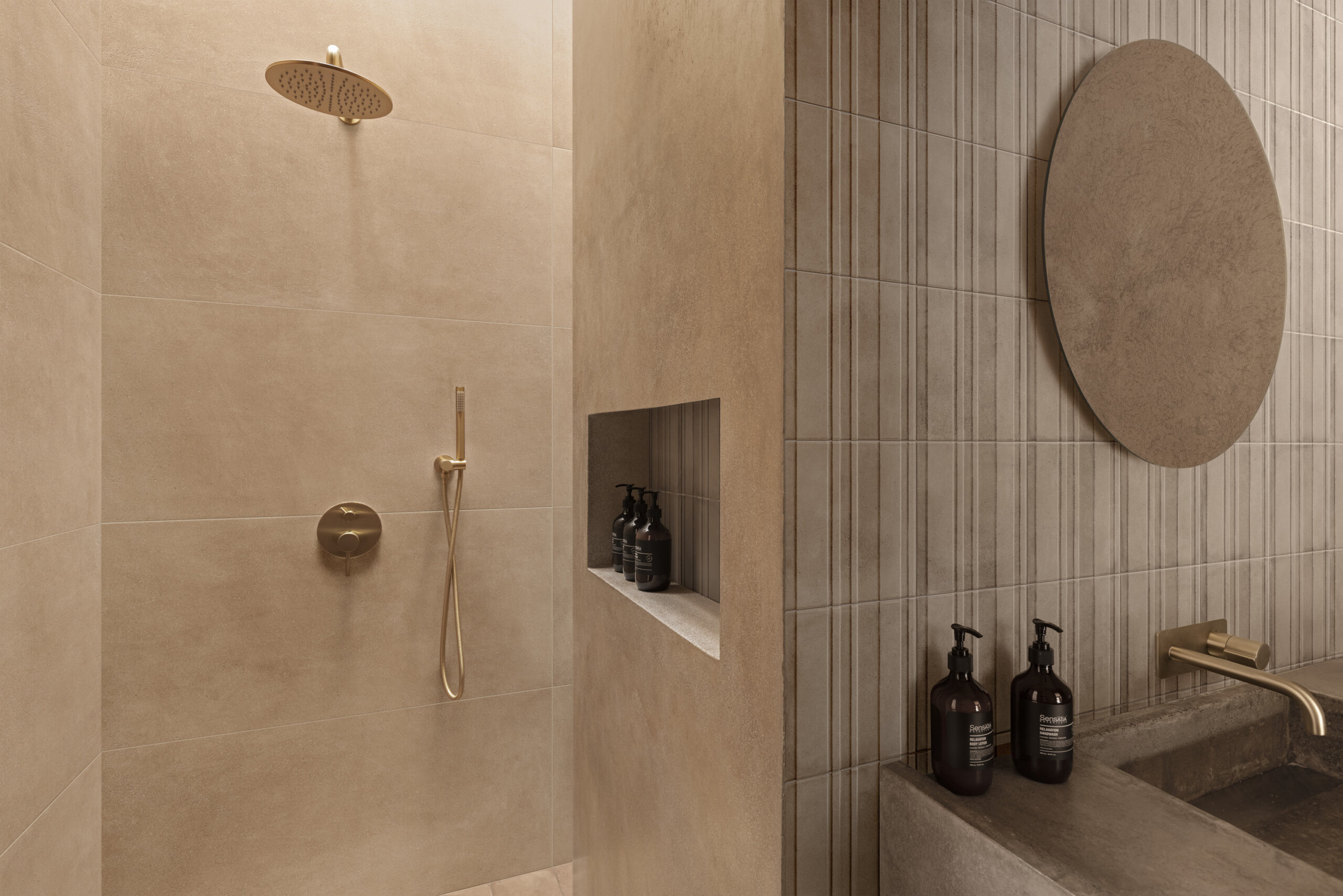 Earth Coccio 60x120 + Clay Coccio 20x20 + Clay Struttura 3D Bande 20x20